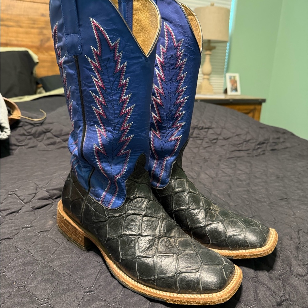 Macie Bean Black Croc-Effect Leather Cowboy Boots with Blue Shaft
